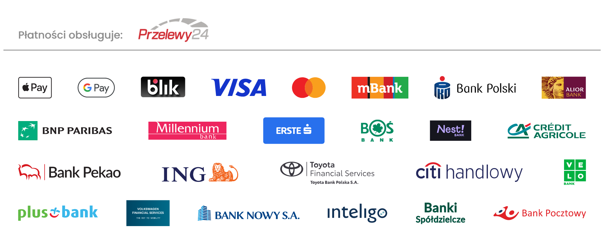Płatności obsługuje Przelewy24: BLIK, Visa, Mastercard, Apple Pay, Google Pay oraz banki